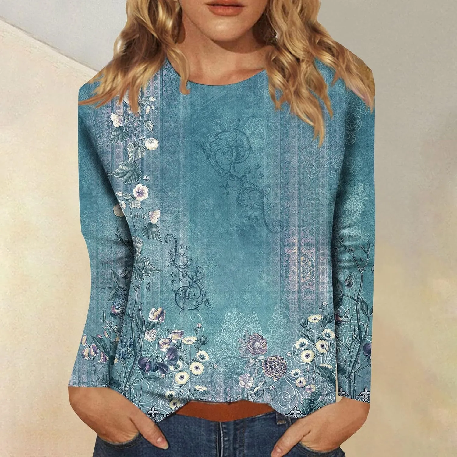 Long Sleeve Shirts for Women - Womens T Shirts Long Sleeve Crew Neck Shirts Basic Tee Sort Comfy Printed Tops Blouse