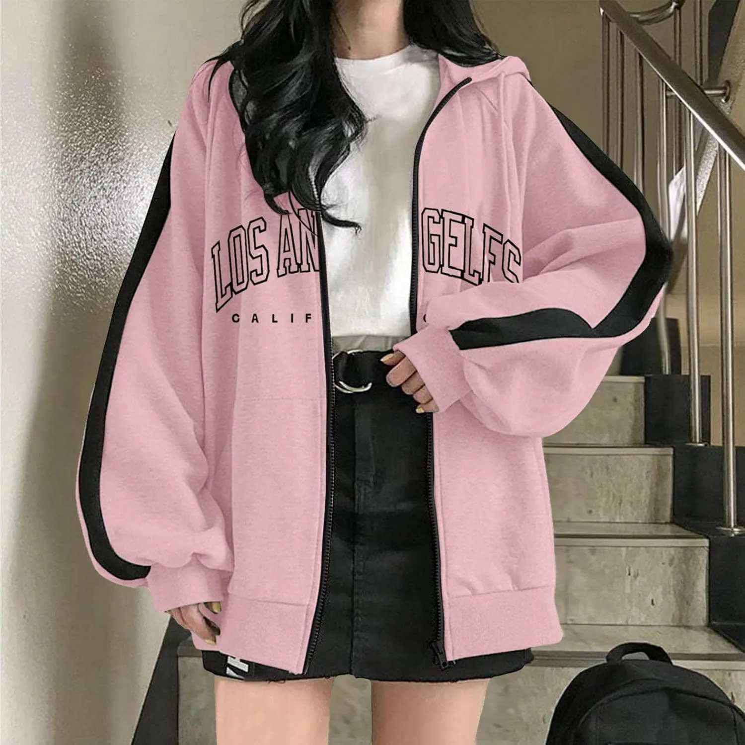 Los Angeles California Jacket for Women Hoodies Full Zip Up Print Pockets Long Sleeve Hooded Sweatshirt Coat Cute Zipper