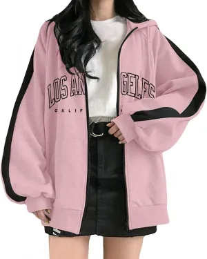 Los Angeles California Jacket for Women Hoodies Full Zip Up Print Pockets Long Sleeve Hooded Sweatshirt Coat Cute Zipper
