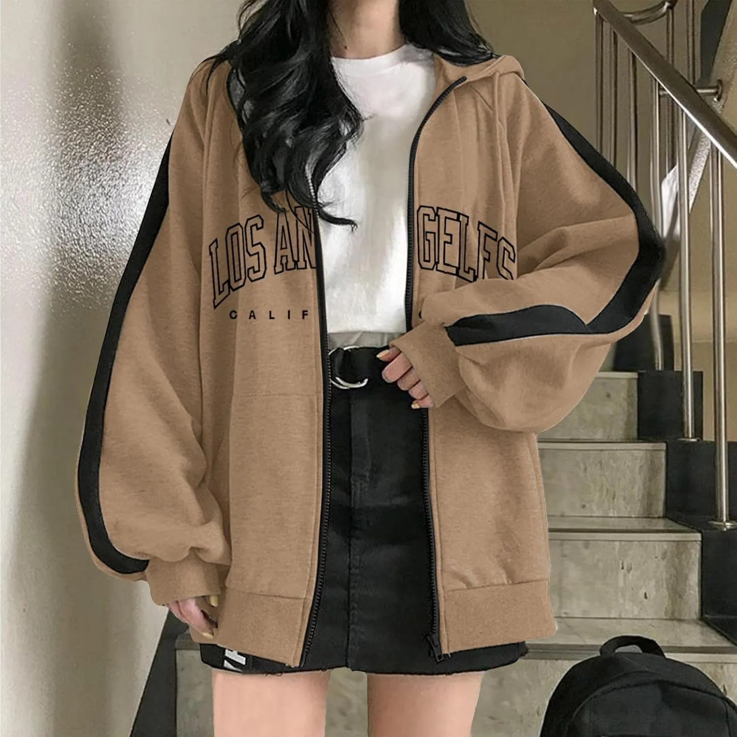 Los Angeles California Jacket for Women Hoodies Full Zip Up Print Pockets Long Sleeve Hooded Sweatshirt Coat Cute Zipper