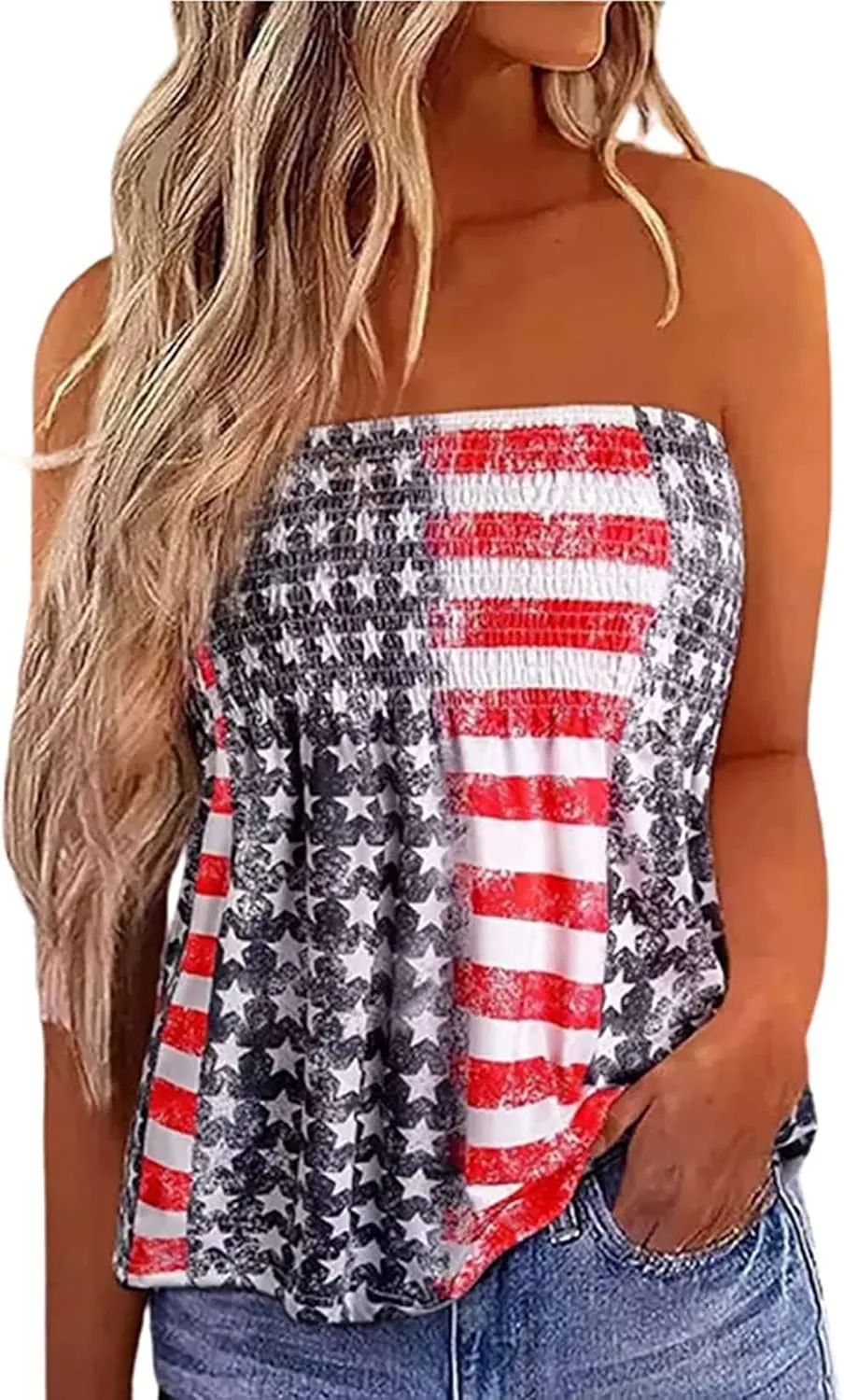 LOTUCY American Flag Strapless Bandeau Tank Women 4th of July Sleeveless Ruffled Tube Patriotic Strapless Smocked Tube Tops