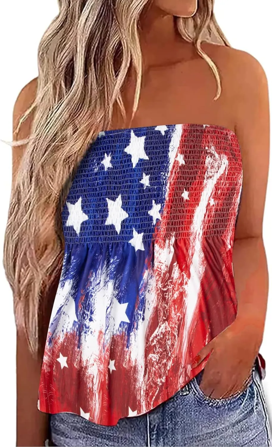 LOTUCY American Flag Strapless Bandeau Tank Women 4th of July Sleeveless Ruffled Tube Patriotic Strapless Smocked Tube Tops