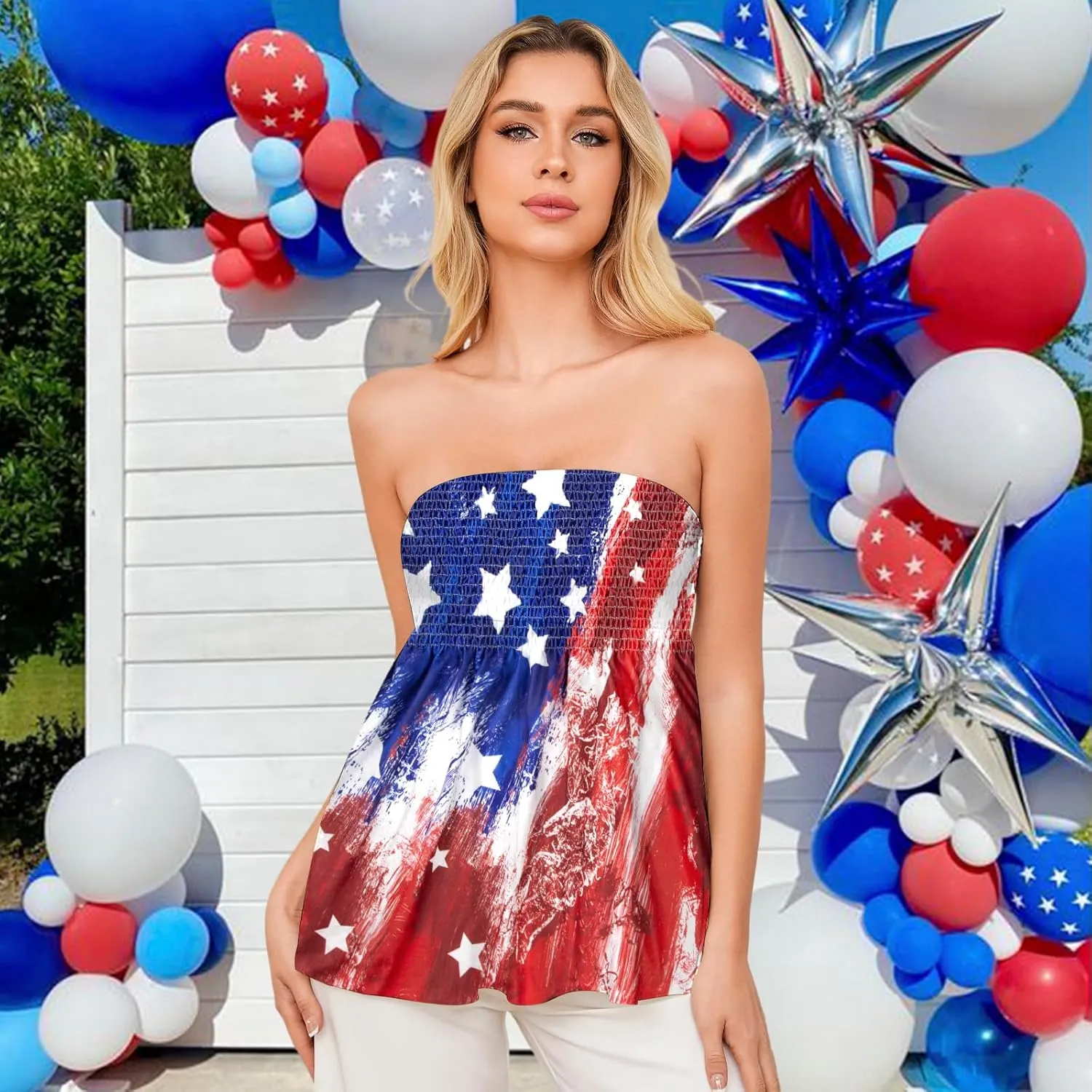 LOTUCY American Flag Strapless Bandeau Tank Women 4th of July Sleeveless Ruffled Tube Patriotic Strapless Smocked Tube Tops