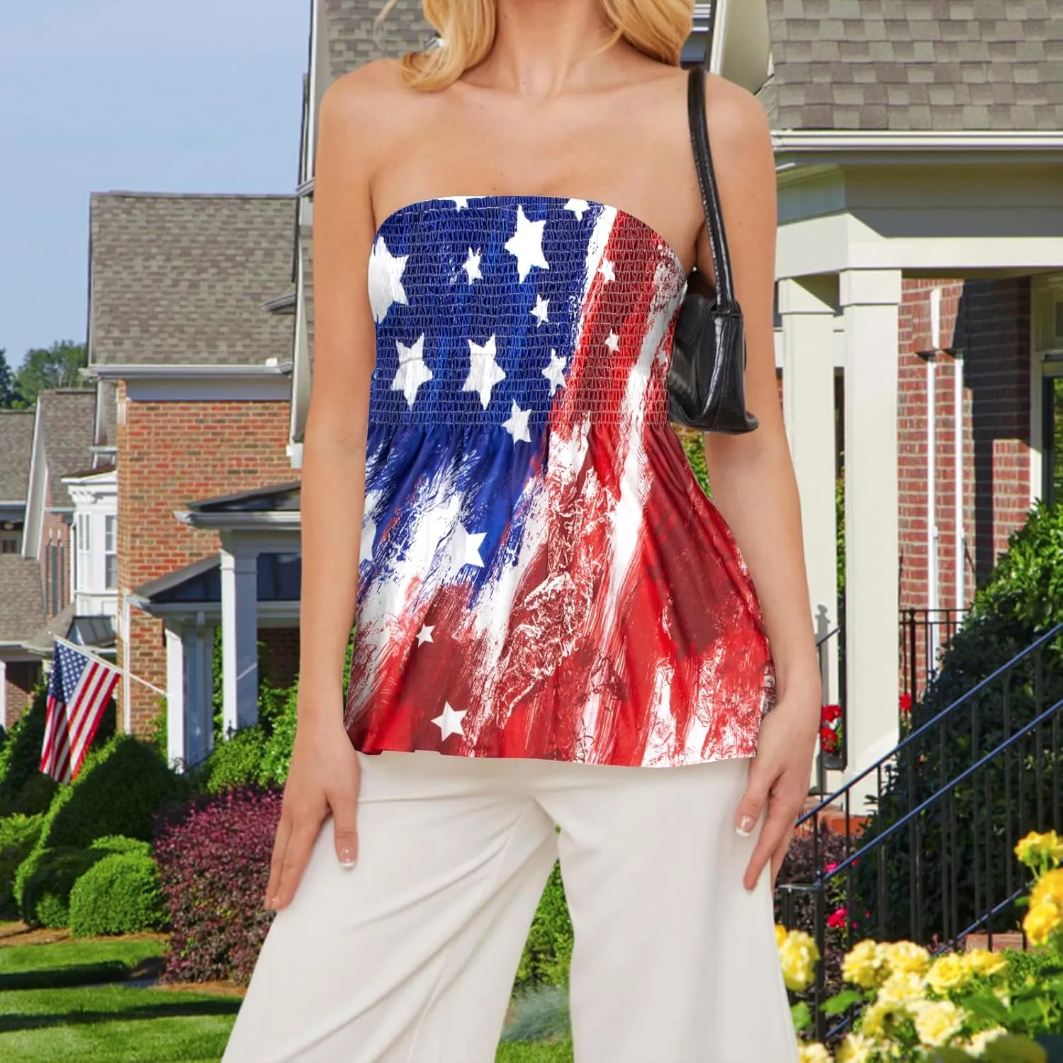 LOTUCY American Flag Strapless Bandeau Tank Women 4th of July Sleeveless Ruffled Tube Patriotic Strapless Smocked Tube Tops