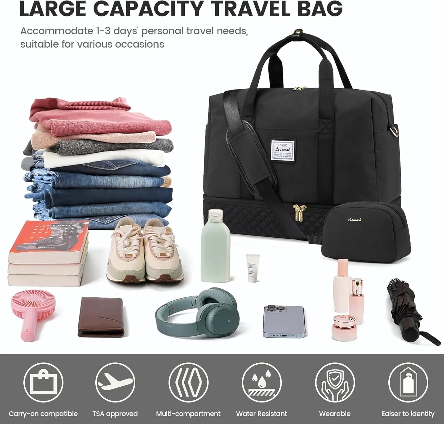 LOVEVOOK Travel Duffel Bag, 18inch Weekender Bags for Women with Shoe Compartment35L Carry on Overnight Bag with Toiletry Bag, Gym Duffel Bag with Wet Pocket, Hospital Bags for Labor and Deliver