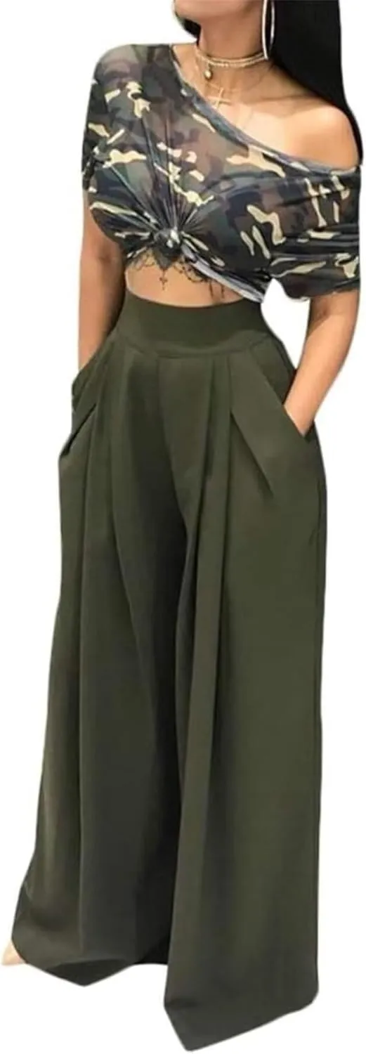 LROSEY Women Casual Stretchy Wide Leg Palazzo Pants with Pockets Flowy Dress Pants High Waisted Trousers