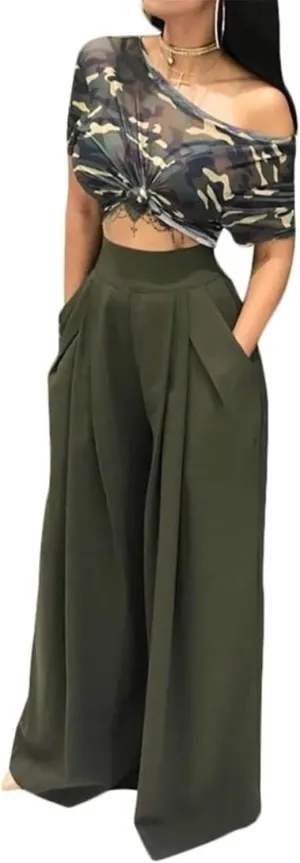 LROSEY Women Casual Stretchy Wide Leg Palazzo Pants with Pockets Flowy Dress Pants High Waisted Trousers