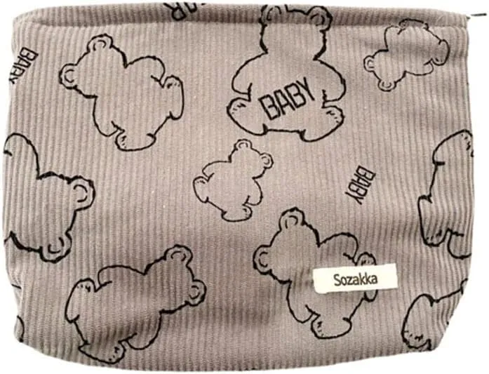 Makeup Bag for Purse, Cute Toiletry Bag for Women, Travel Essentials Organizer Makeup Case Pouch with Zipper, Large Capacity Corduroy Cosmetic Bag for Purse (Bear- Beige)