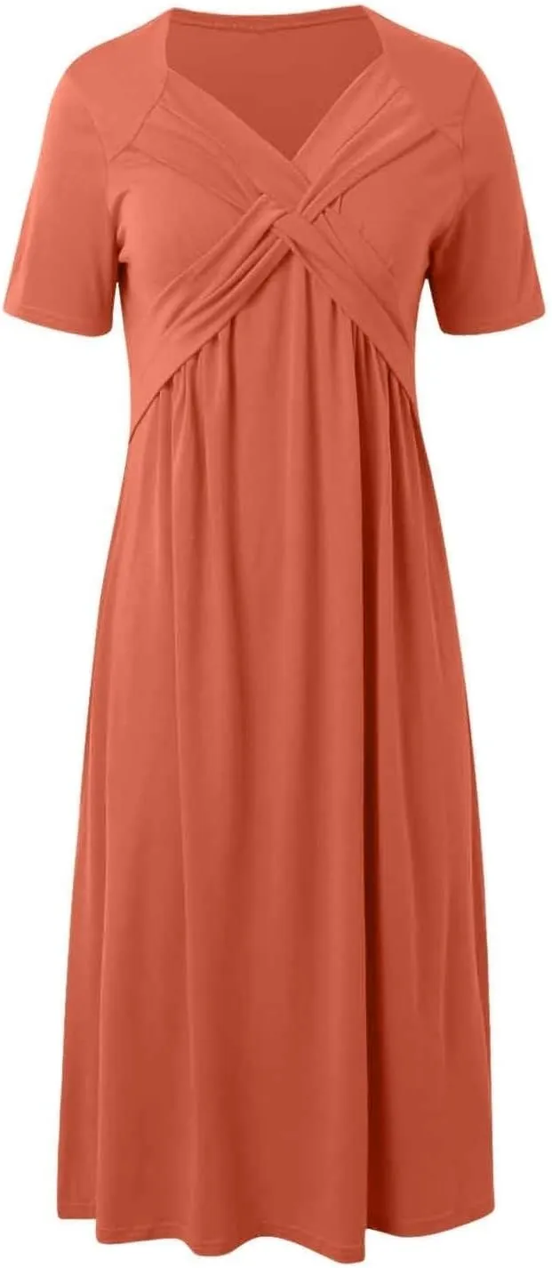 Maxi Dresses for Women V Neck Short Sleeve Maxi Dresses Ruffle Waist Pleated Hem Flowy Swing Dress Dressy Dress 2025