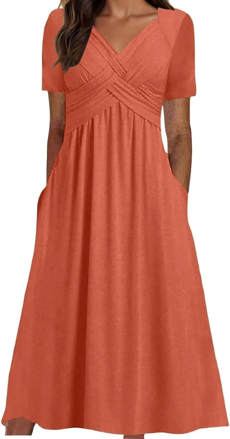 Maxi Dresses for Women V Neck Short Sleeve Maxi Dresses Ruffle Waist Pleated Hem Flowy Swing Dress Dressy Dress 2025