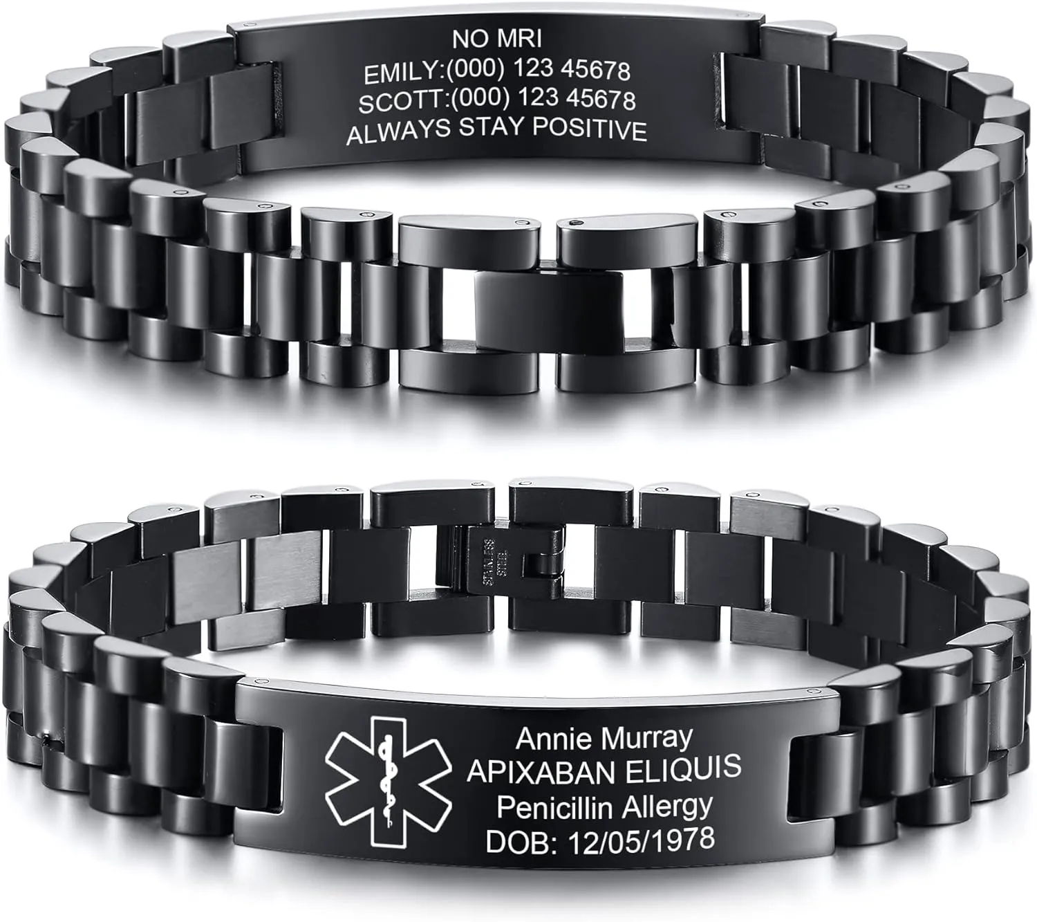 MEALGUET Medical ID Bracelet for Men : Free Engraving Stainless Steel Masculine Watch Band Style Medical Alert Wristband Personalized Medic ID Bracelet Jewelry for Men Women,Black