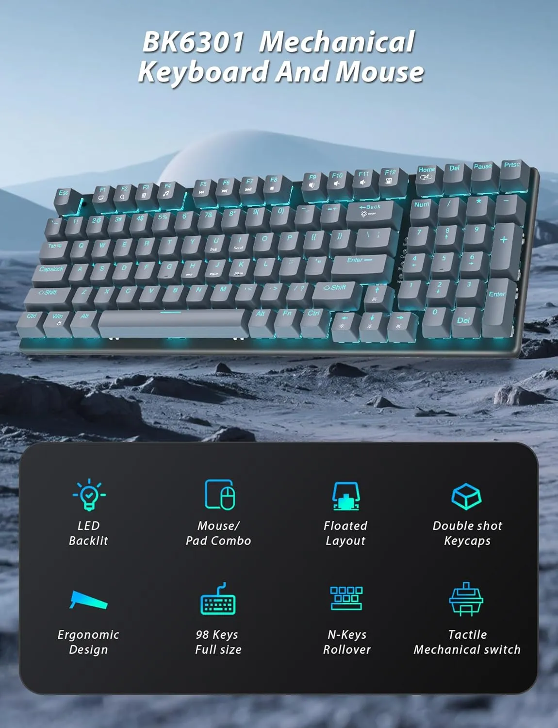 Mechanical Gaming Keyboard and Mouse, LED Backlit 98-Key Floating Keycap & 4 DPI RGB Gaming Mouse with Mouse Pad, Full Anti-Ghost Light Up Wired Computer Keyboards for MAC PC Gamer Accessories, Gray