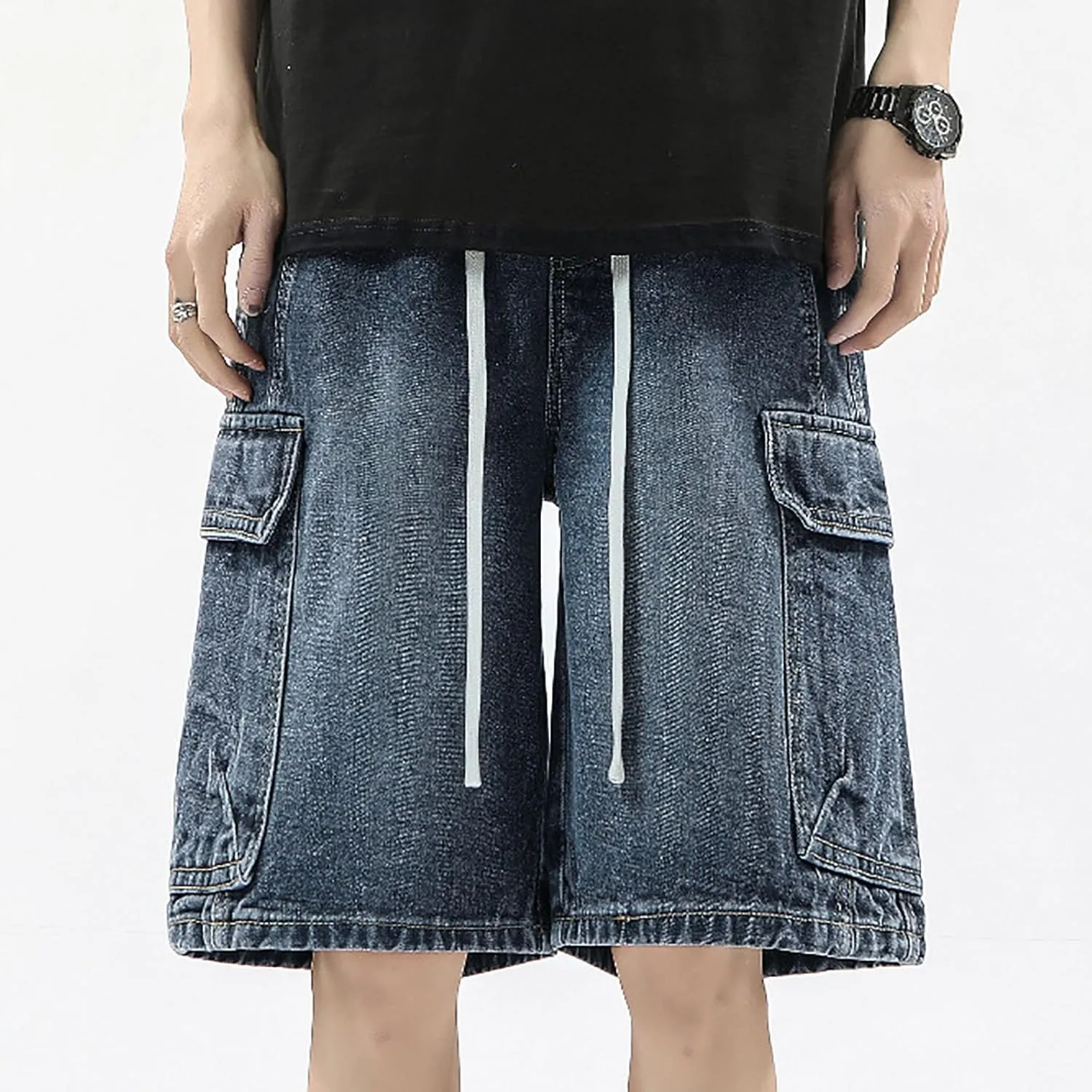 Men Baggy Jean Shorts Loose Fit Mid Denim Shorts Wide Leg Y2K Hip Hop Trendy Outfits