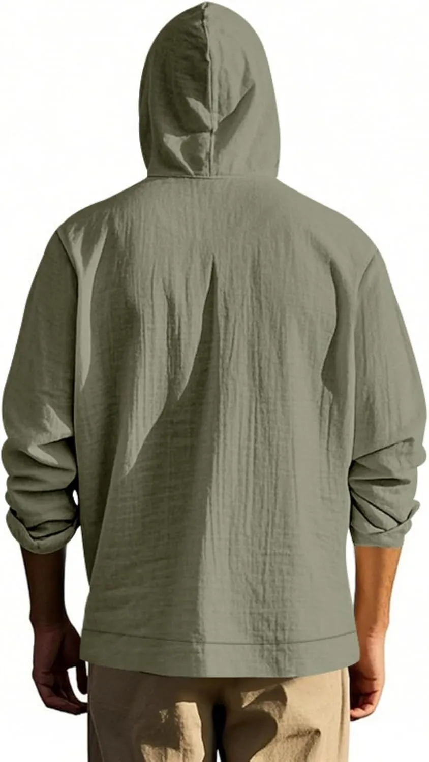 Men Cotton Linen Long Sleeve Button Down Shirt Summer Casual Beach Tops Lightweight Hoodies with Pockets