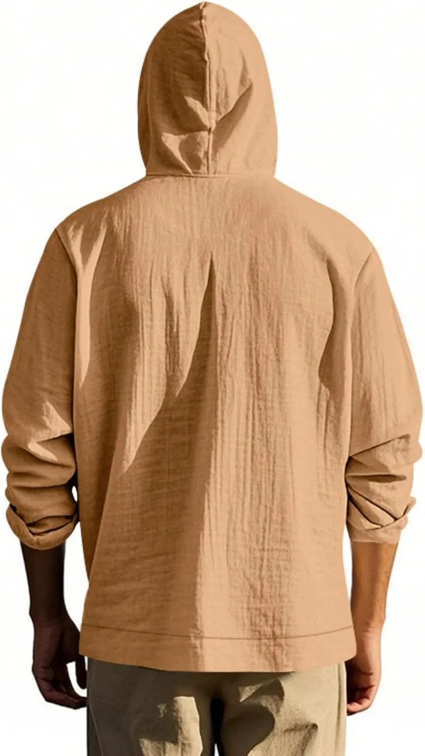 Men Cotton Linen Long Sleeve Button Down Shirt Summer Casual Beach Tops Lightweight Hoodies with Pockets