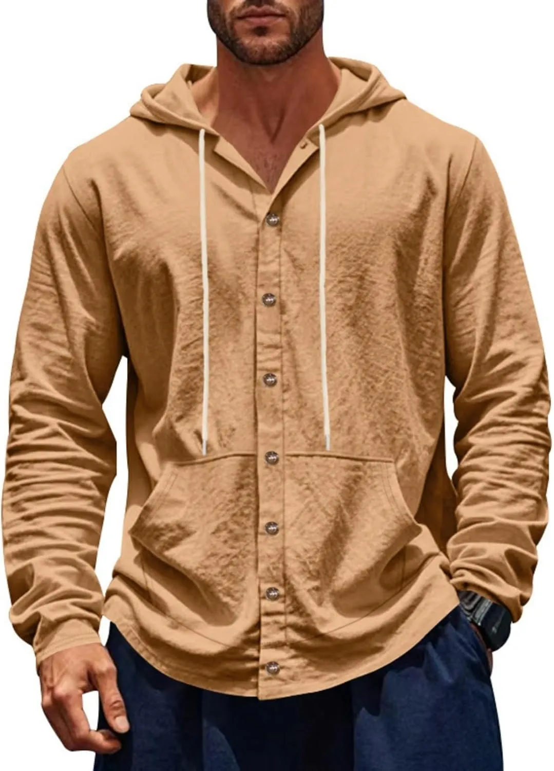 Men Cotton Linen Long Sleeve Button Down Shirt Summer Casual Beach Tops Lightweight Hoodies with Pockets