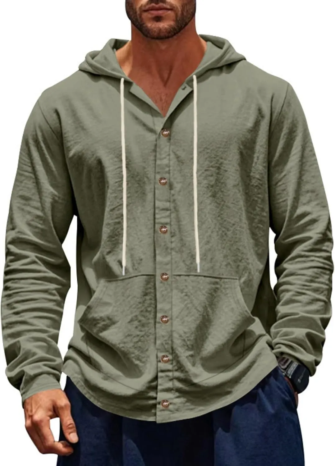 Men Cotton Linen Long Sleeve Button Down Shirt Summer Casual Beach Tops Lightweight Hoodies with Pockets