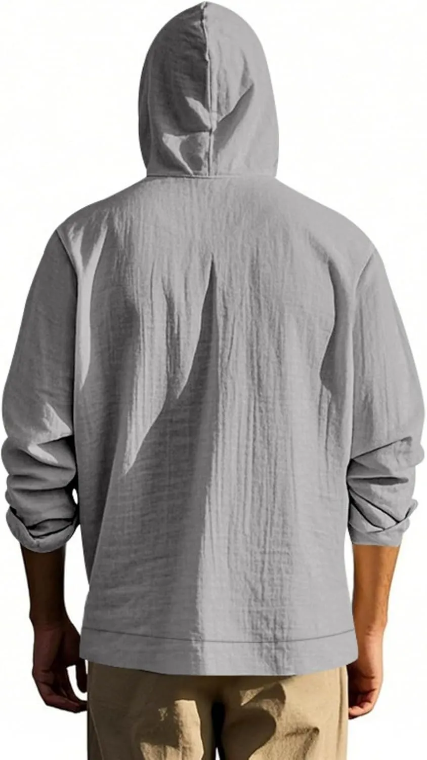 Men Cotton Linen Long Sleeve Button Down Shirt Summer Casual Beach Tops Lightweight Hoodies with Pockets