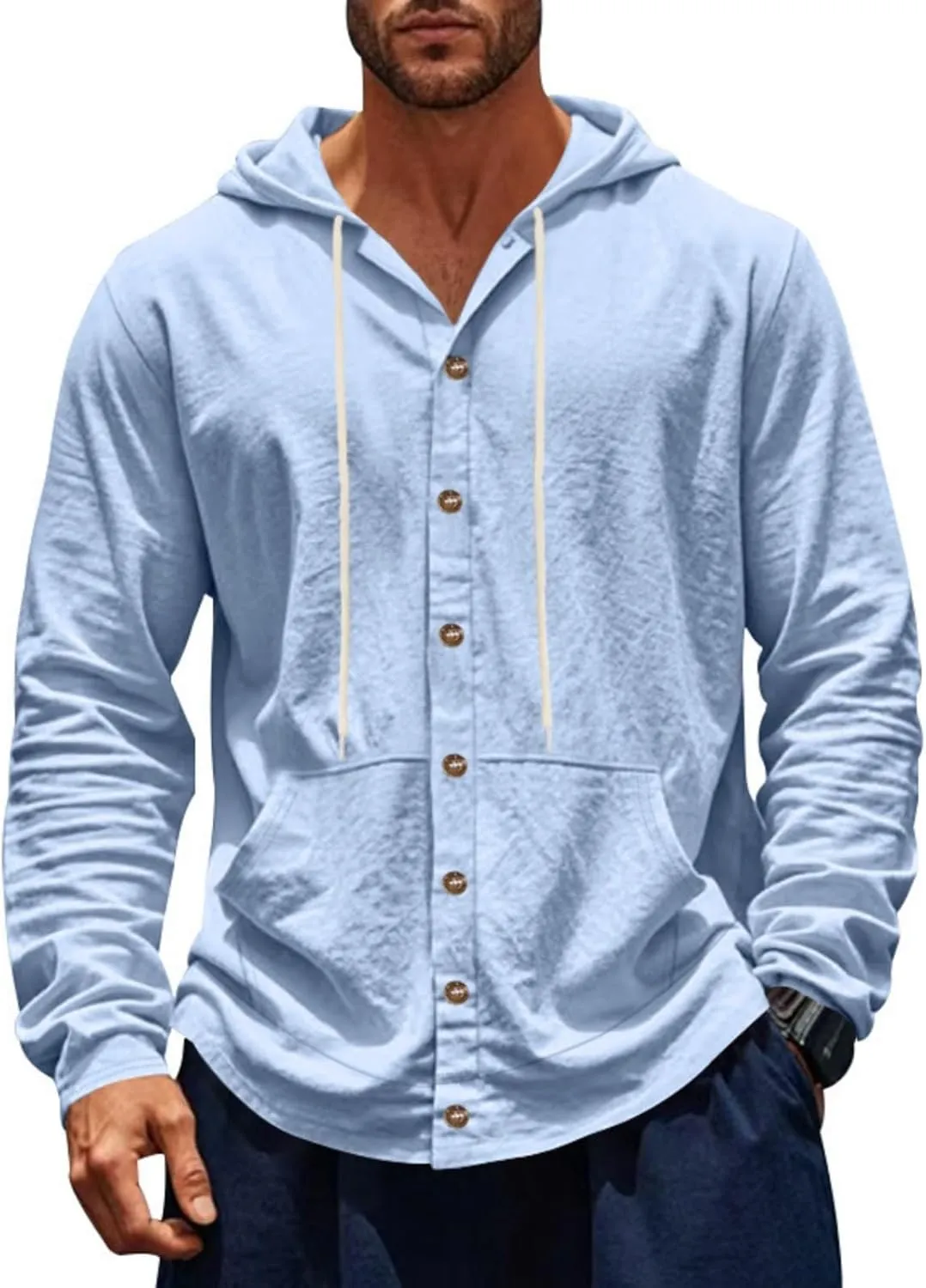 Men Cotton Linen Long Sleeve Button Down Shirt Summer Casual Beach Tops Lightweight Hoodies with Pockets