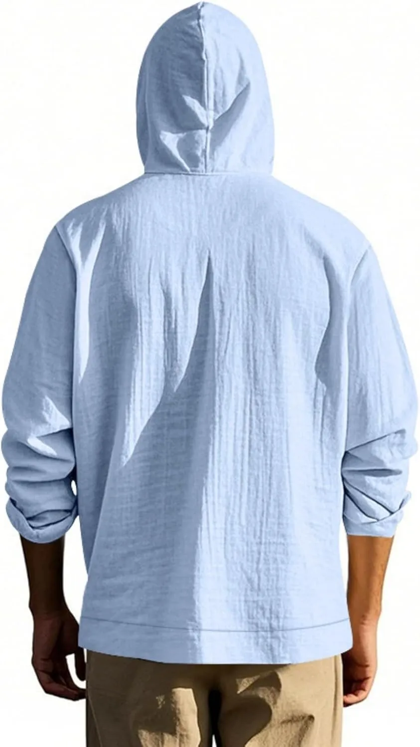 Men Cotton Linen Long Sleeve Button Down Shirt Summer Casual Beach Tops Lightweight Hoodies with Pockets