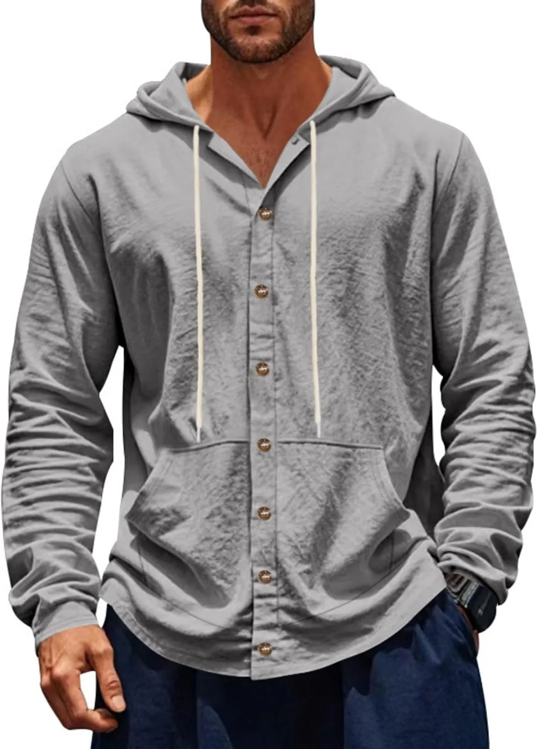 Men Cotton Linen Long Sleeve Button Down Shirt Summer Casual Beach Tops Lightweight Hoodies with Pockets