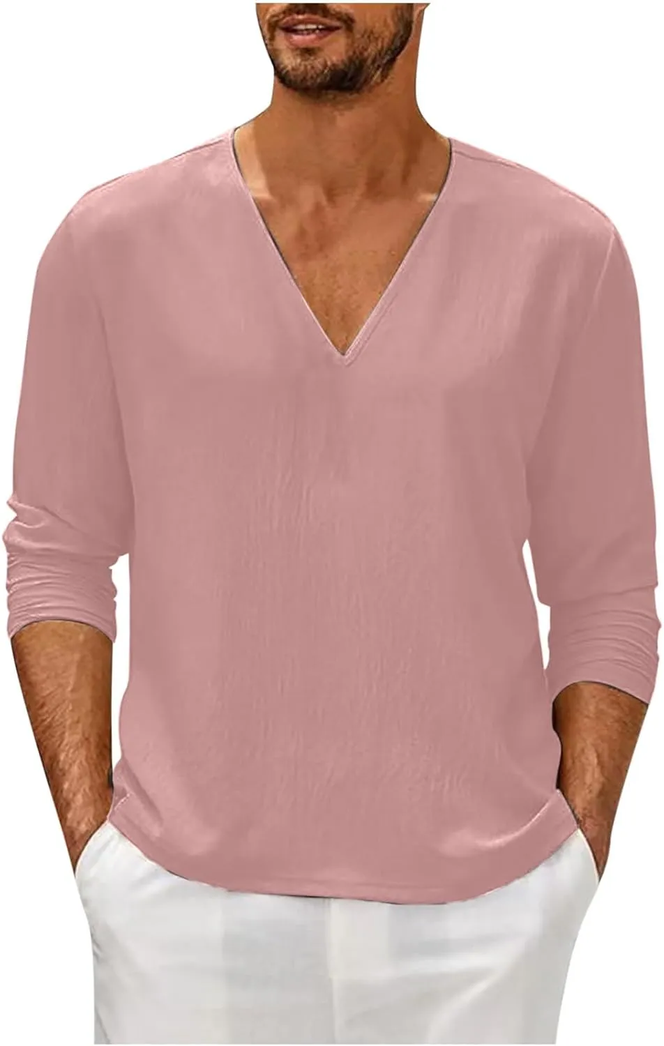 Men Linen Shirts Long Sleeve V Neck Cotton Comfy Spring Tees Shirt Solid Color Loose Fashion Sport 2025 Blouses Tops