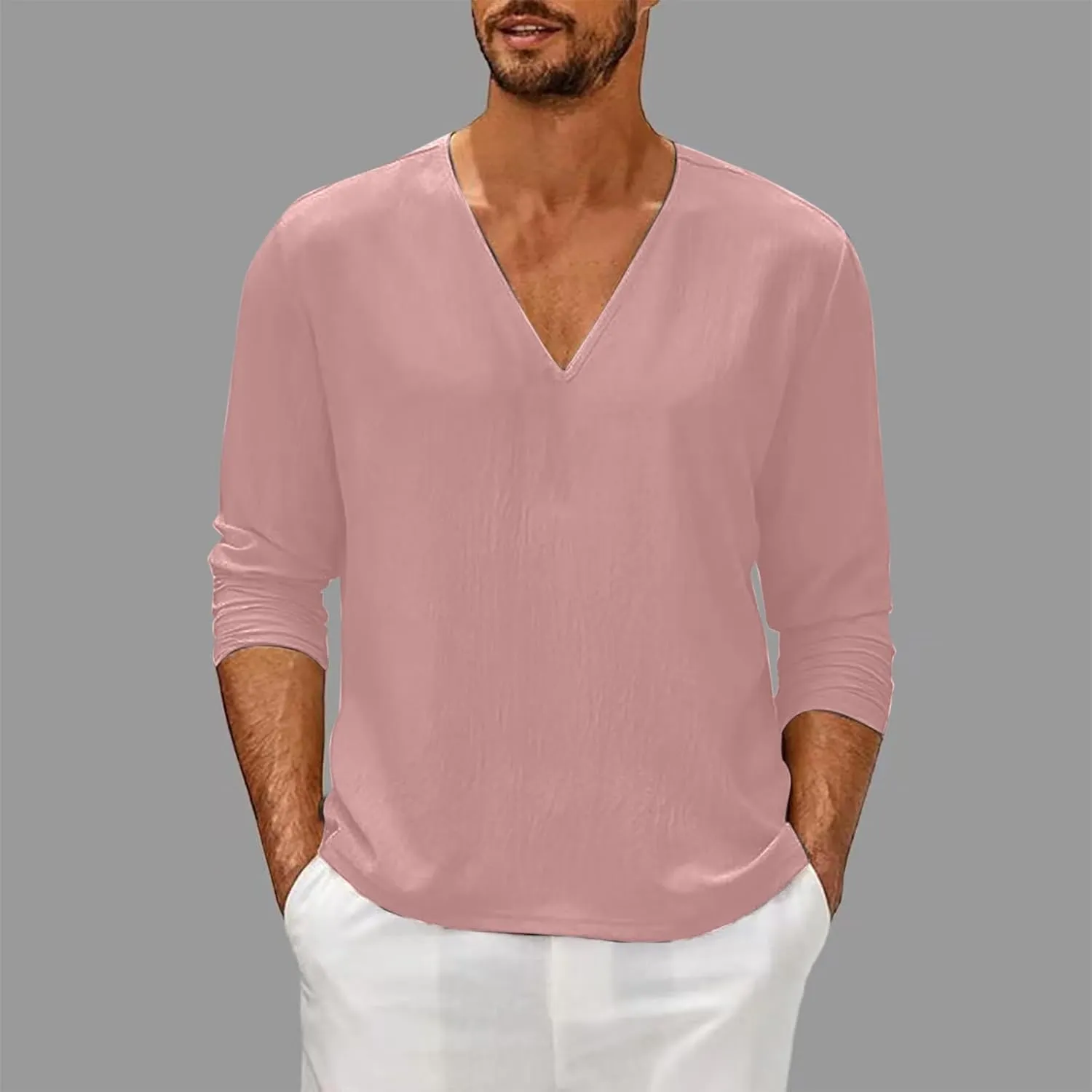 Men Linen Shirts Long Sleeve V Neck Cotton Comfy Spring Tees Shirt Solid Color Loose Fashion Sport 2025 Blouses Tops