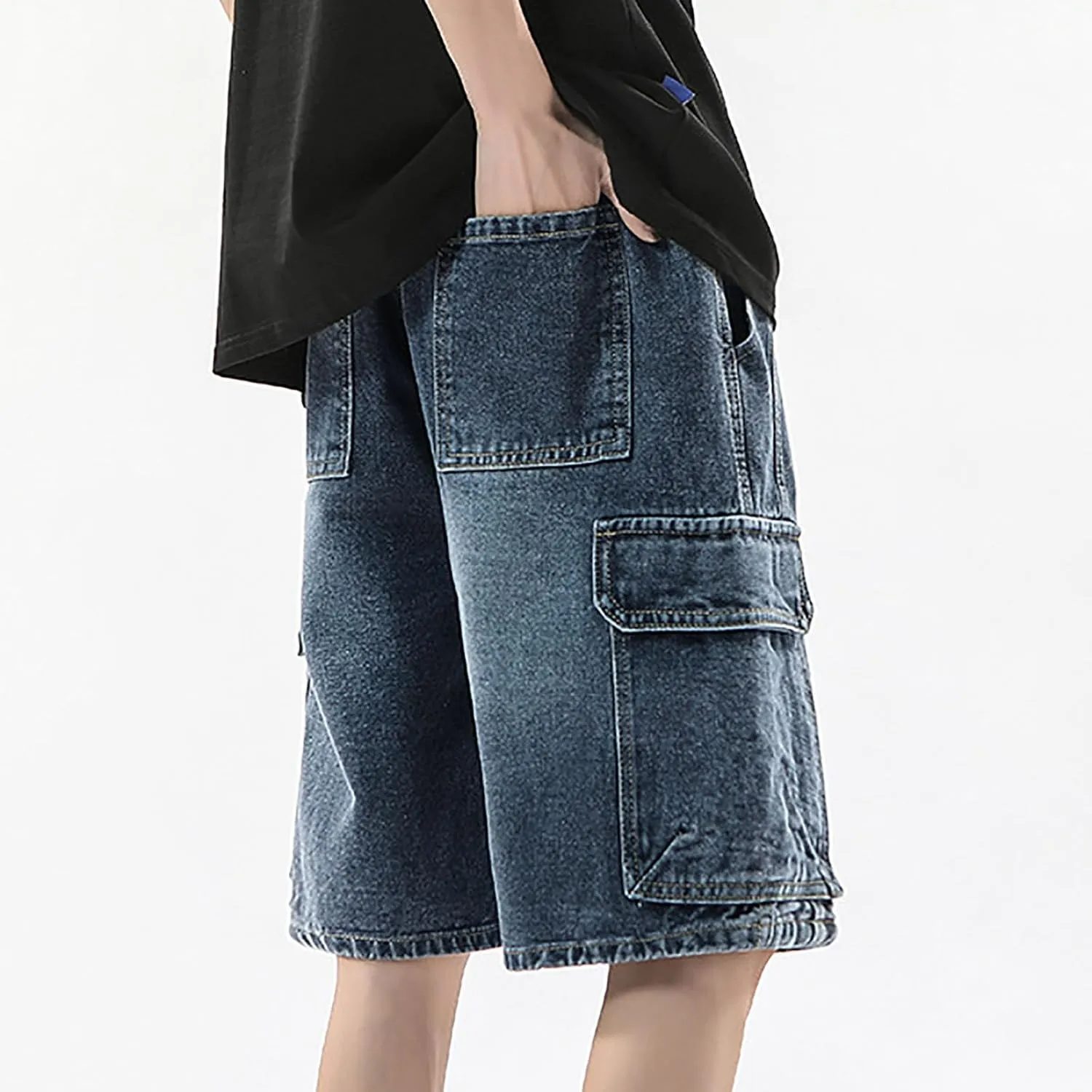 Men Wide Leg Y2K Hip Hop Mid Jean Shorts Work Denim Shorts with Pockets Casual 2025 Trendy Streetwear