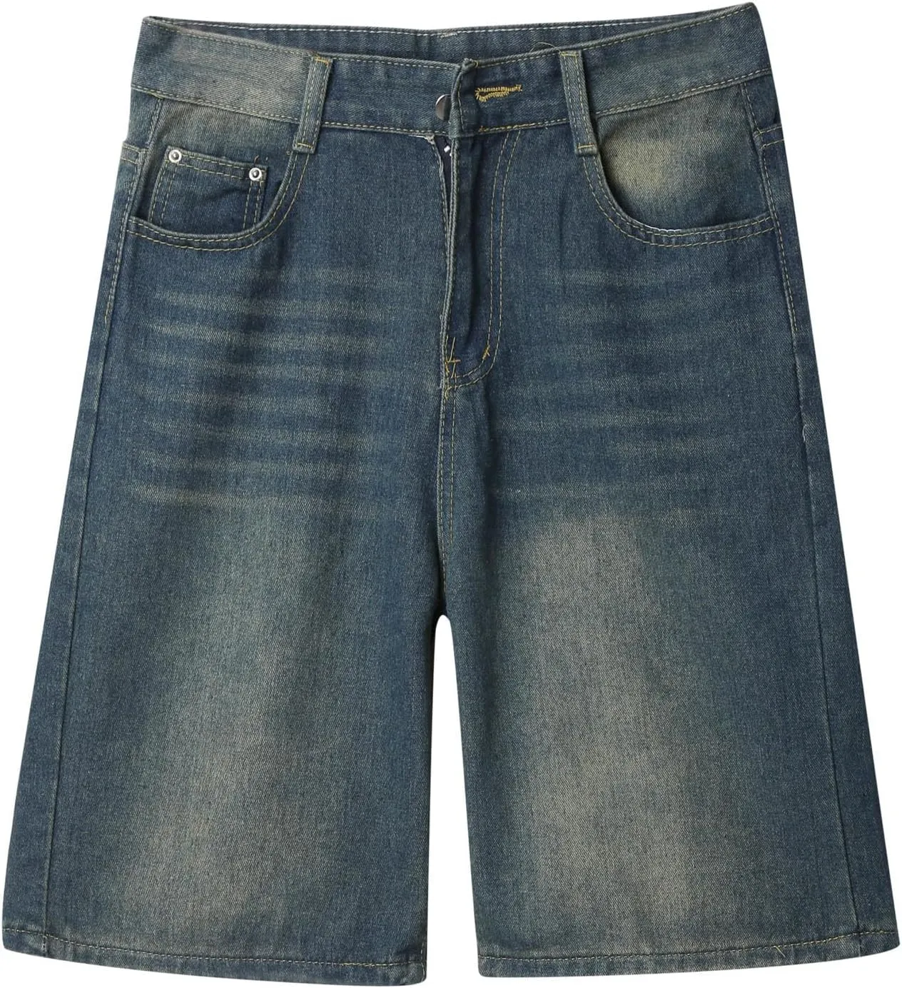 Men Y2K Grunge Baggy Jean Shorts Casual Hip Hop Long Loose Fit Denim Shorts Streetwear with Pockets