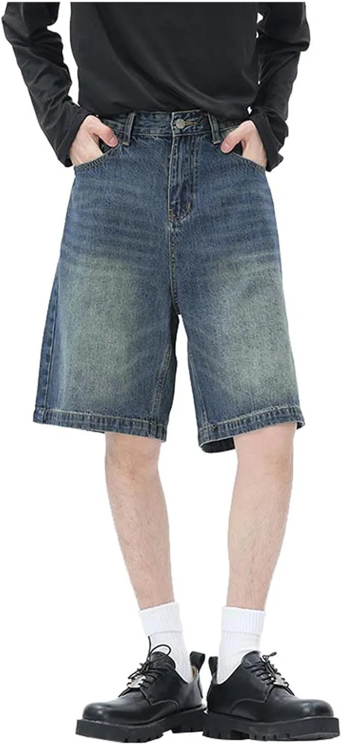 Men Y2K Grunge Baggy Jean Shorts Casual Hip Hop Long Loose Fit Denim Shorts Streetwear with Pockets