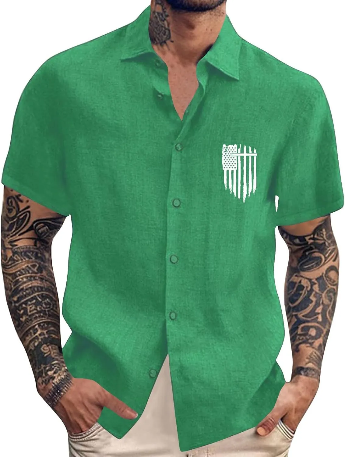 Mens 2025 American Flag Print Shirts Cotton Linen Short Sleeve Button Up Shirt Summer Breathable Casual Holiday Tops