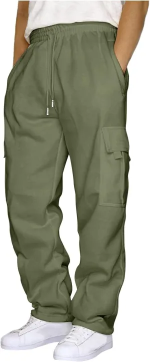 Mens Baggy Heavyweight Cargo Sweatpants Elastic Waist Drawstring Sweatpants with Pockets Drawstring Sport Trousers