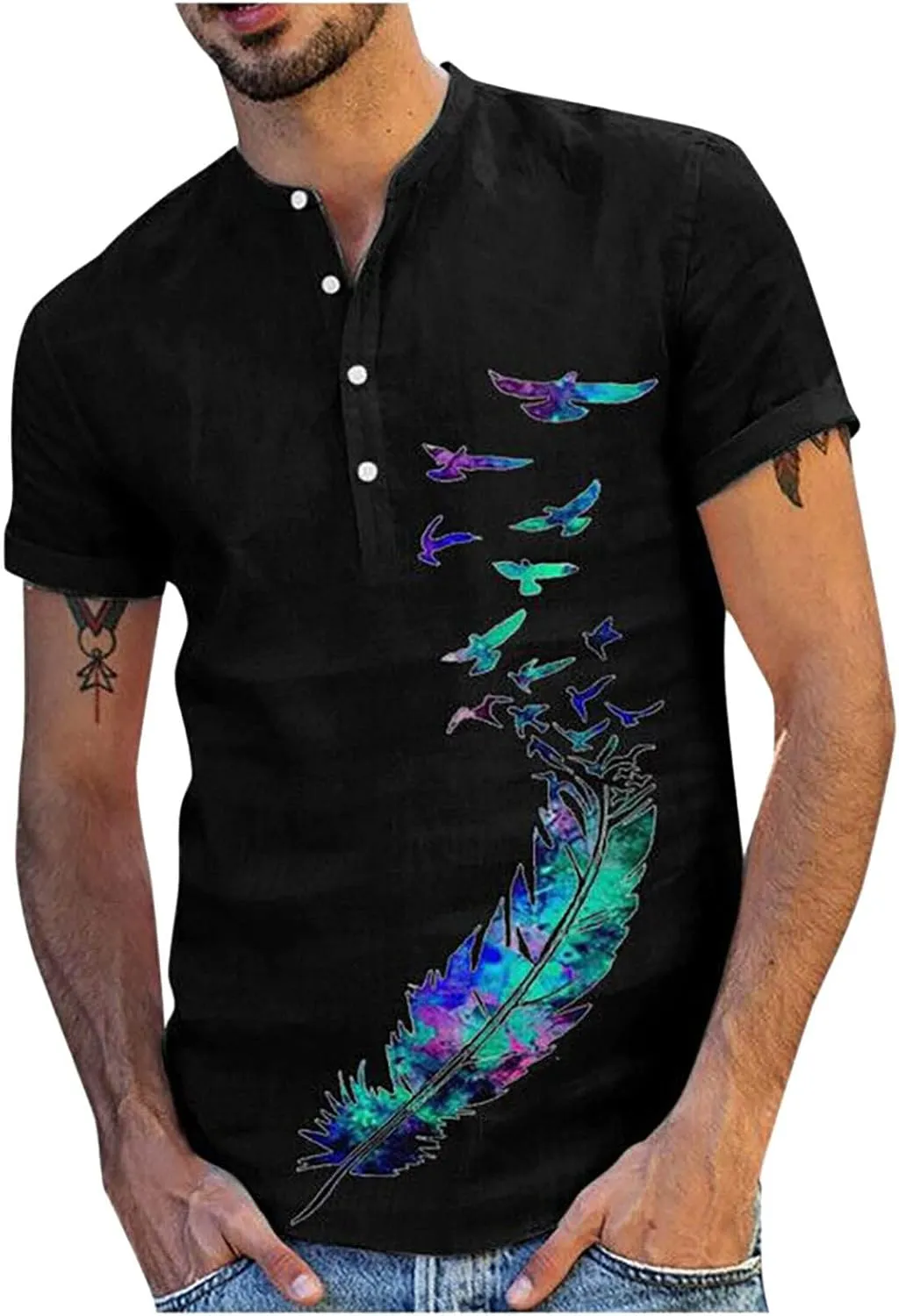Mens Beach Linen Shirts Short Sleeve Trendy Graphic Printed Button Tees Shirt Crewneck Comfy Cotton Blouses Tops