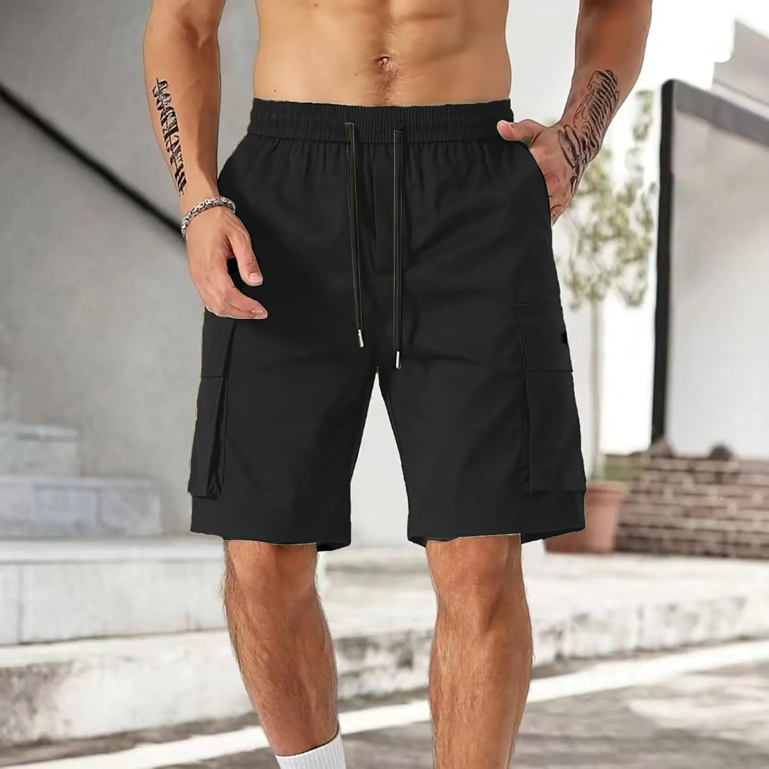 Mens Cargo Shorts Big and Tall Elastic Waist Long Fishing Hiking Shorts Drawstring Lounge Beach Pants Multi Pockets