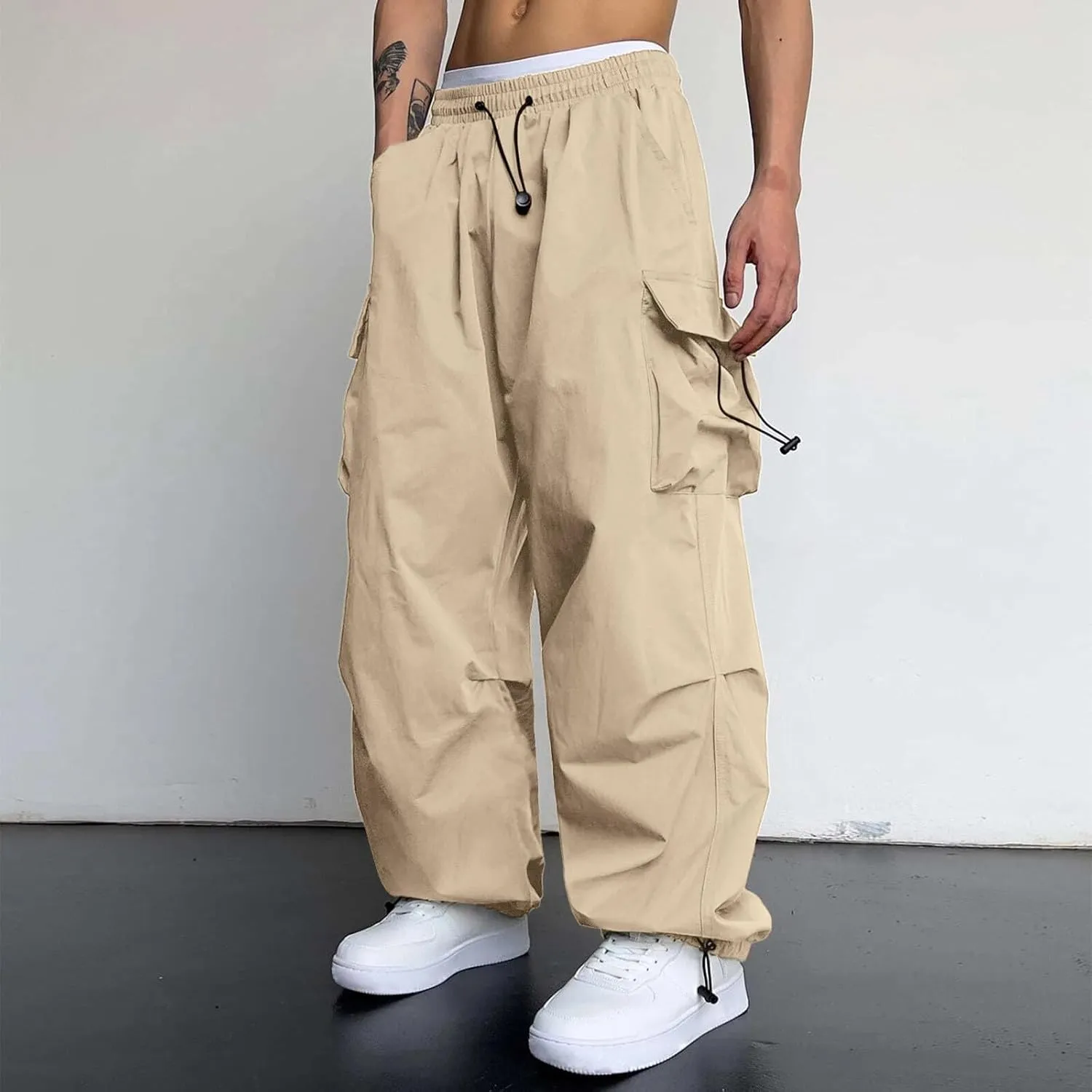 Mens Cargos Pant Drawstring Elastic Waist Work Pant with Pockets Casual Stretch Cargo Joggers Men