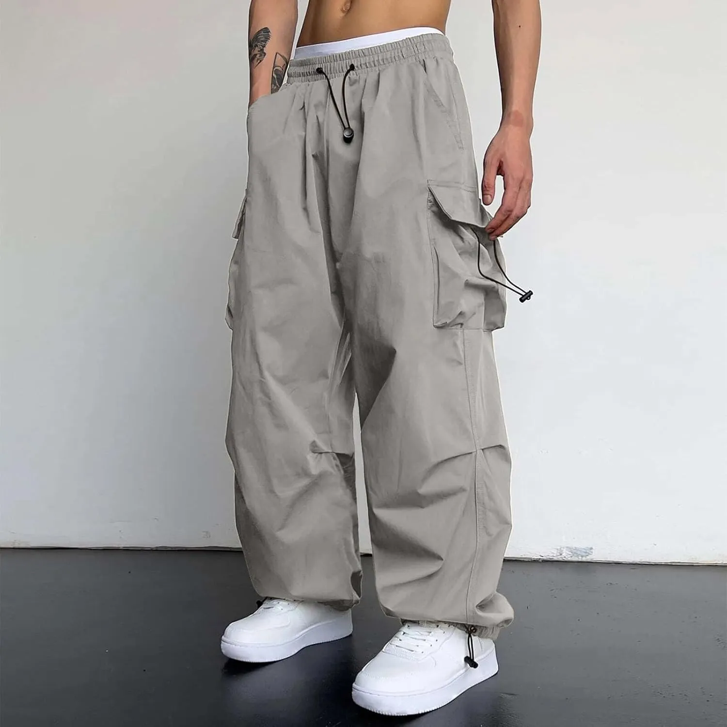 Mens Cargos Pant Drawstring Elastic Waist Work Pant with Pockets Casual Stretch Cargo Joggers Men