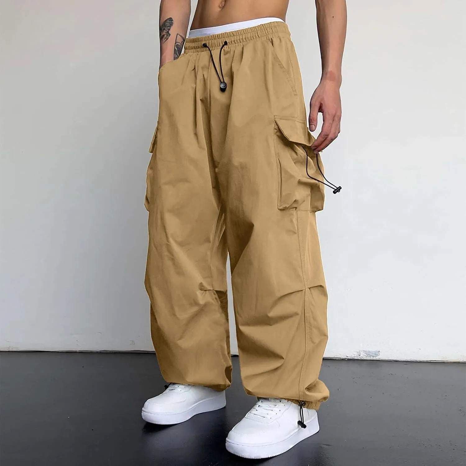 Mens Cargos Pant Drawstring Elastic Waist Work Pant with Pockets Casual Stretch Cargo Joggers Men