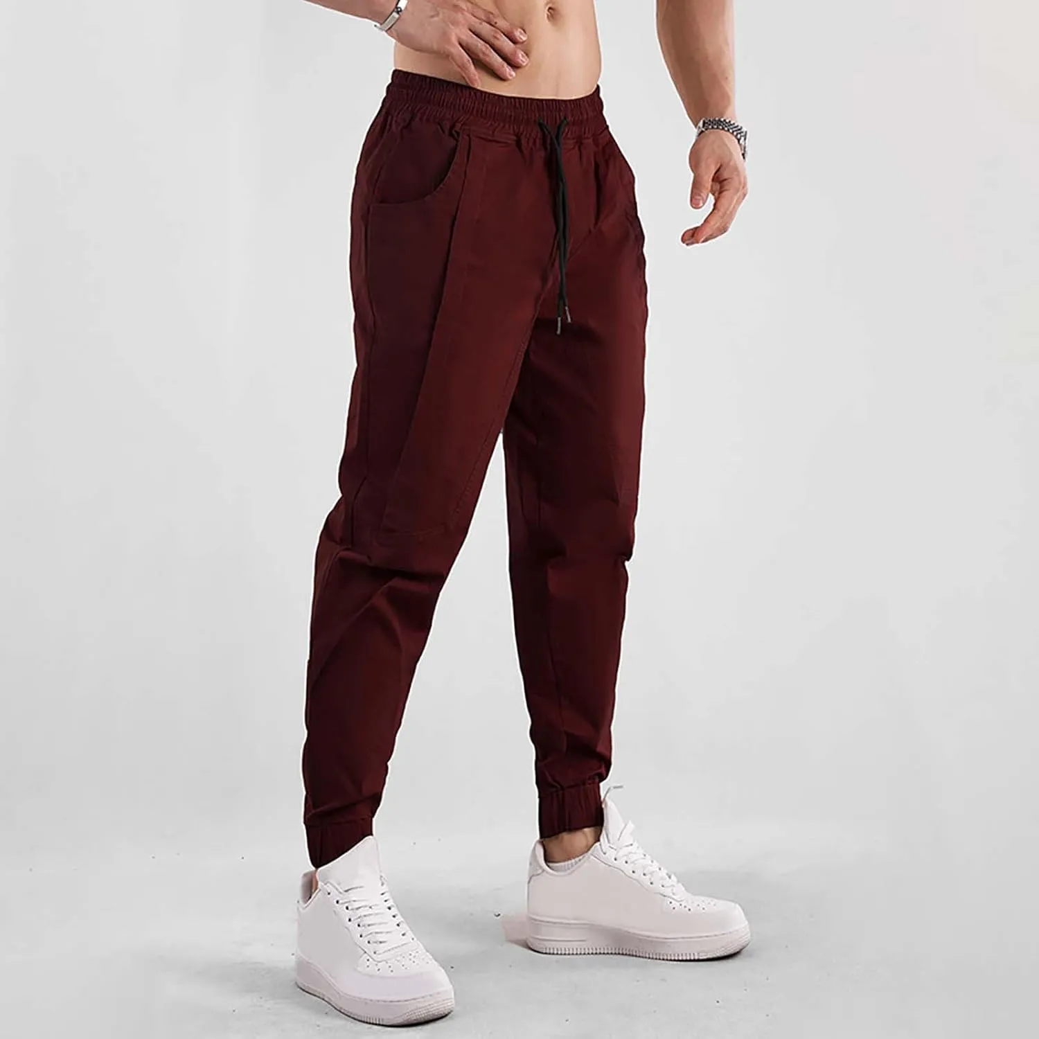 Mens Casual Cargo Pants Casual Elastic Waist Drawstring Trousers Slim Fit Cinch Bottom Tapered Sweatpants for Men