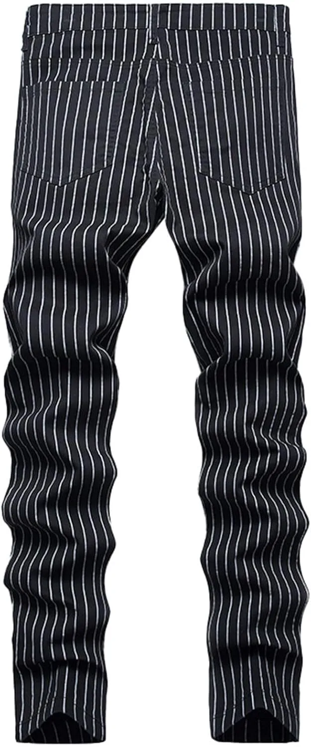 Mens Casual Chino Pants Plaid Striped Print Straight Leg Skinny Classic Denim Pant Business Work Stretch Dress Pant