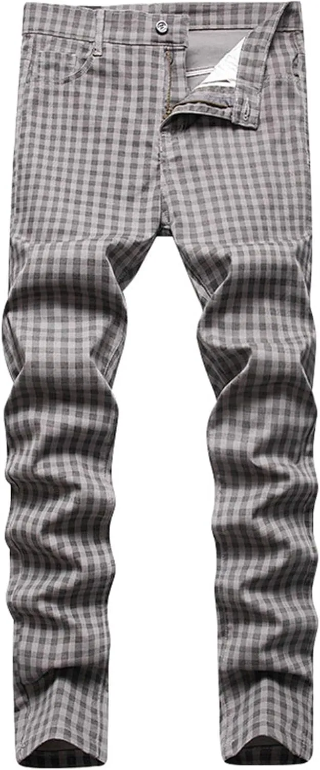 Mens Casual Chino Pants Plaid Striped Print Straight Leg Skinny Classic Denim Pant Business Work Stretch Dress Pant