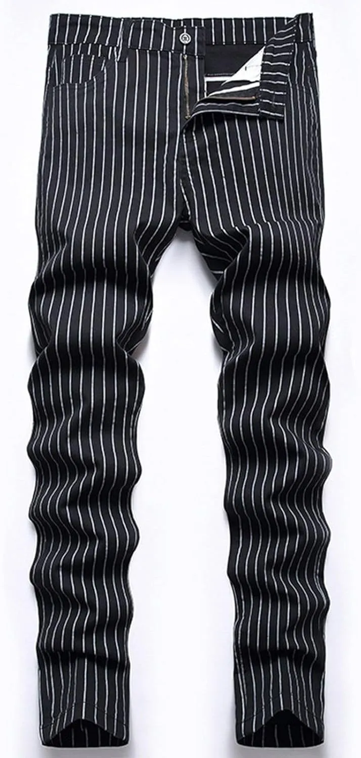 Mens Casual Chino Pants Plaid Striped Print Straight Leg Skinny Classic Denim Pant Business Work Stretch Dress Pant
