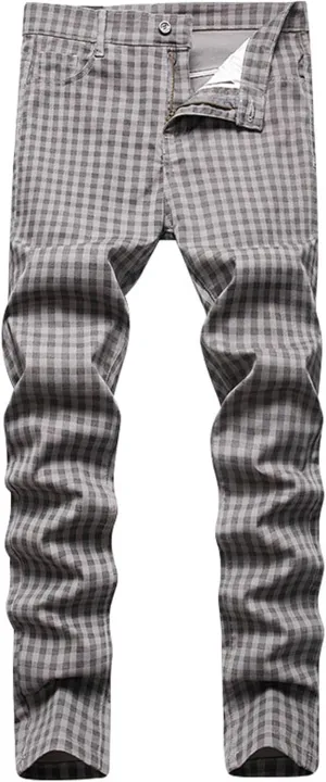 Mens Casual Chino Pants Plaid Striped Print Straight Leg Skinny Classic Denim Pant Business Work Stretch Dress Pant