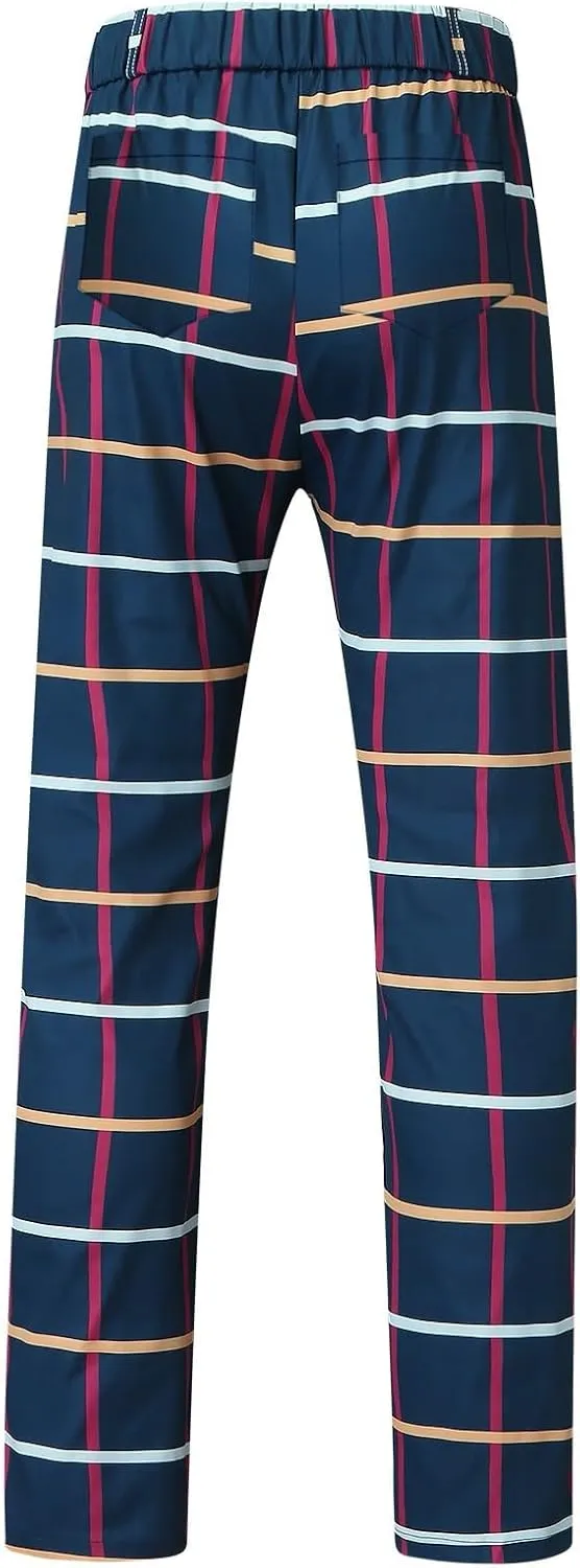 Mens Casual Plaid Pants Fashion Retro Tapered Stretch Slim Fit Business Dress Chino Pants Formal Lightweight Pants