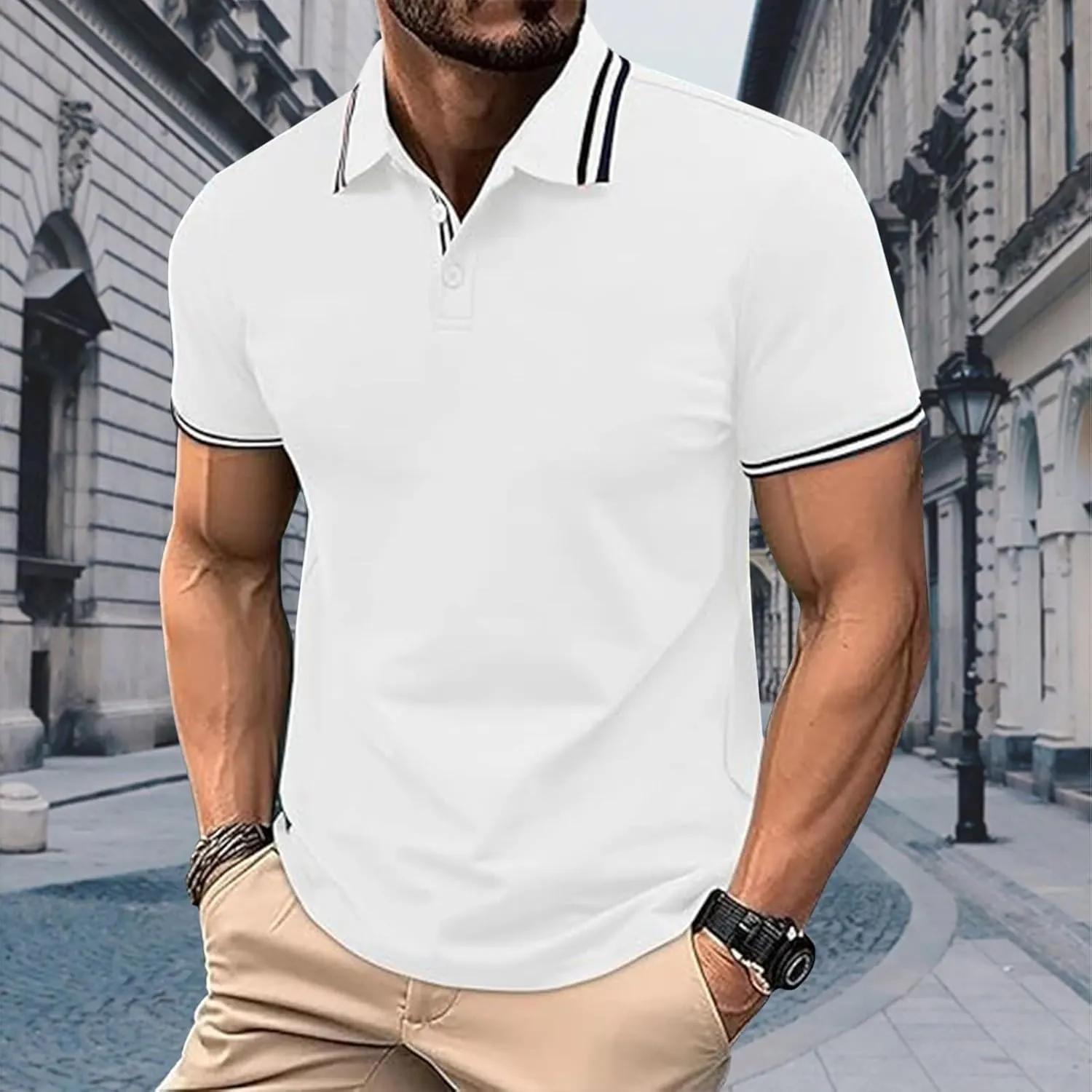 Mens Classic Fit Short Sleeve Polo Shirts Button up Going Out Exercise Holiday T-Shirts Casual Workout Fitness Tops