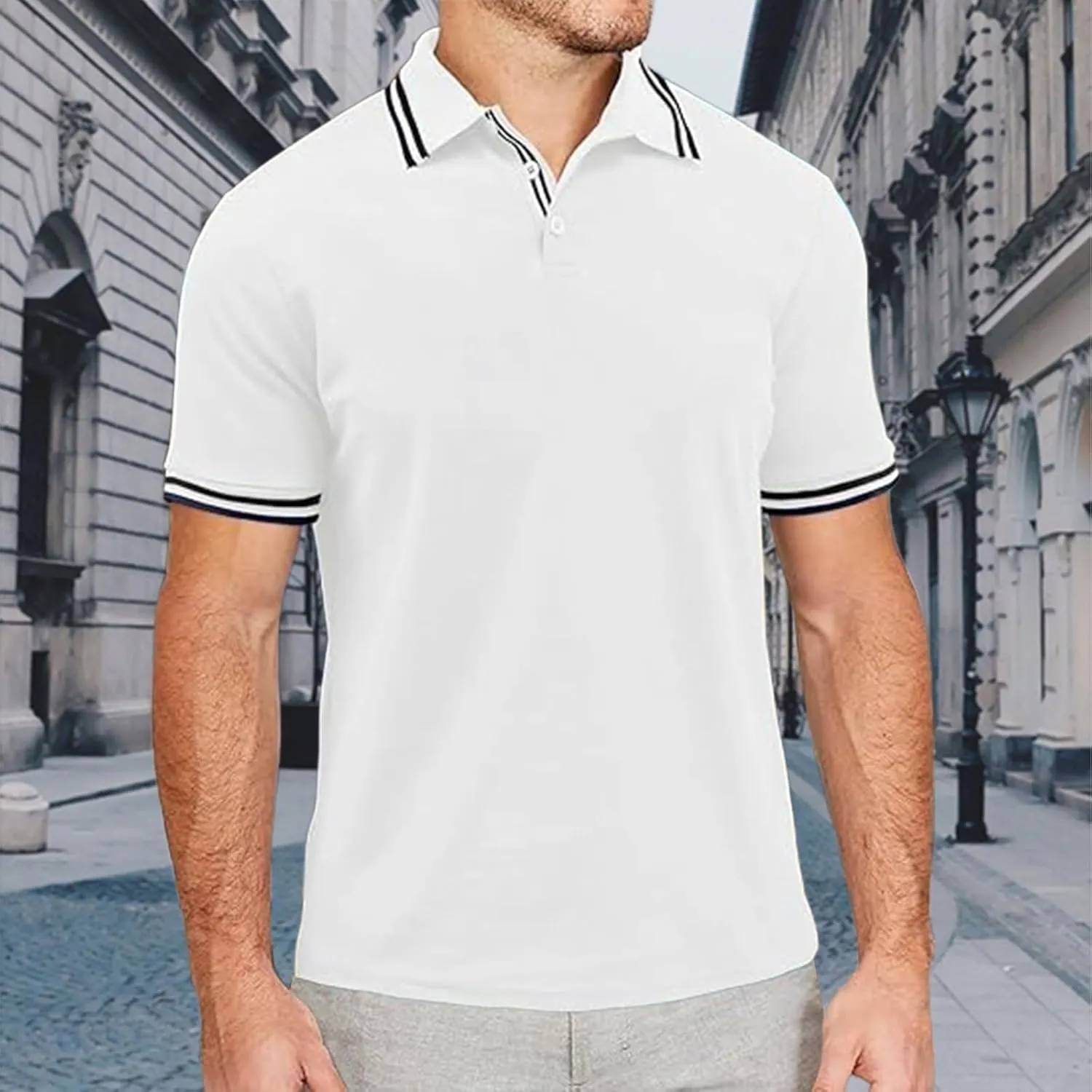 Mens Classic Fit Short Sleeve Polo Shirts Button up Going Out Exercise Holiday T-Shirts Casual Workout Fitness Tops