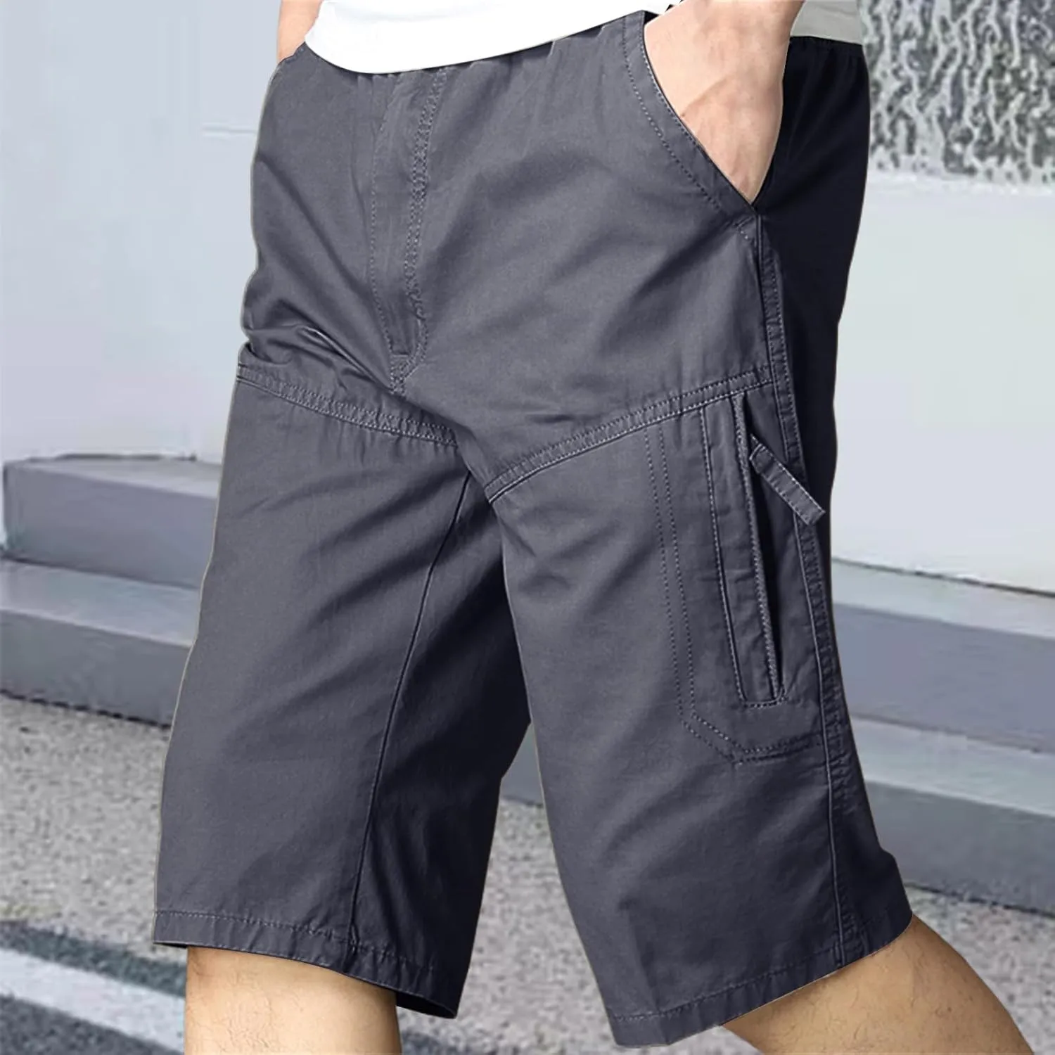 Mens Classic Solid Cargo Shorts Straight Leg Slim Fit Elastic Waist Pockets for Summer Work Casual