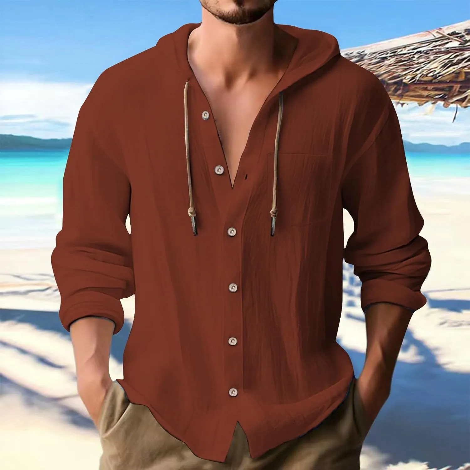 Mens Cotton Linen Hoodie Lightweight Print Knotted Hooded Shirt Casual Sweatshirts Button Down Beach Shirts Mens