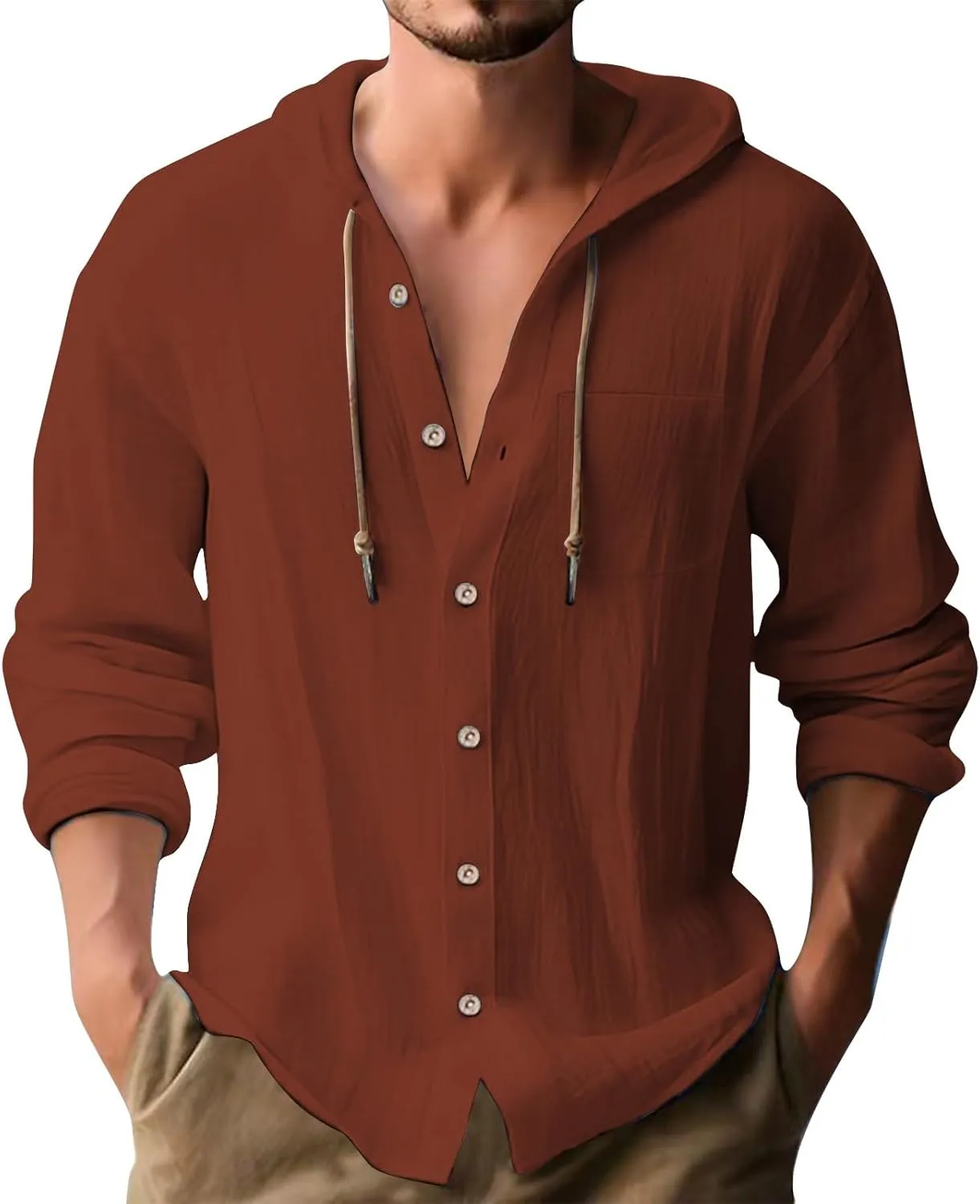 Mens Cotton Linen Hoodie Lightweight Print Knotted Hooded Shirt Casual Sweatshirts Button Down Beach Shirts Mens