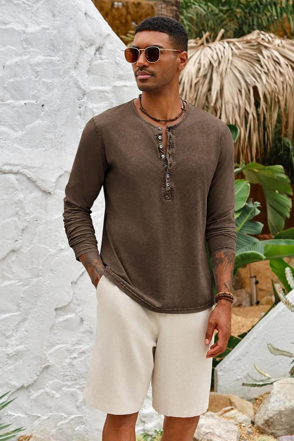 Mens Distressed Henley Shirts Front Placket Retro Long Sleeve Tee Shirts Casual Button Down Washed T-Shirts for Men