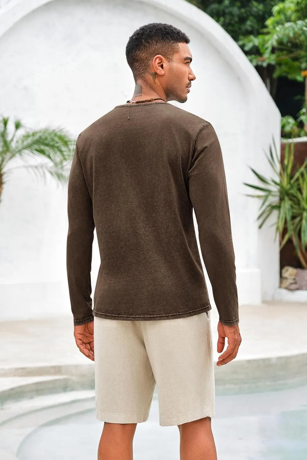 Mens Distressed Henley Shirts Front Placket Retro Long Sleeve Tee Shirts Casual Button Down Washed T-Shirts for Men